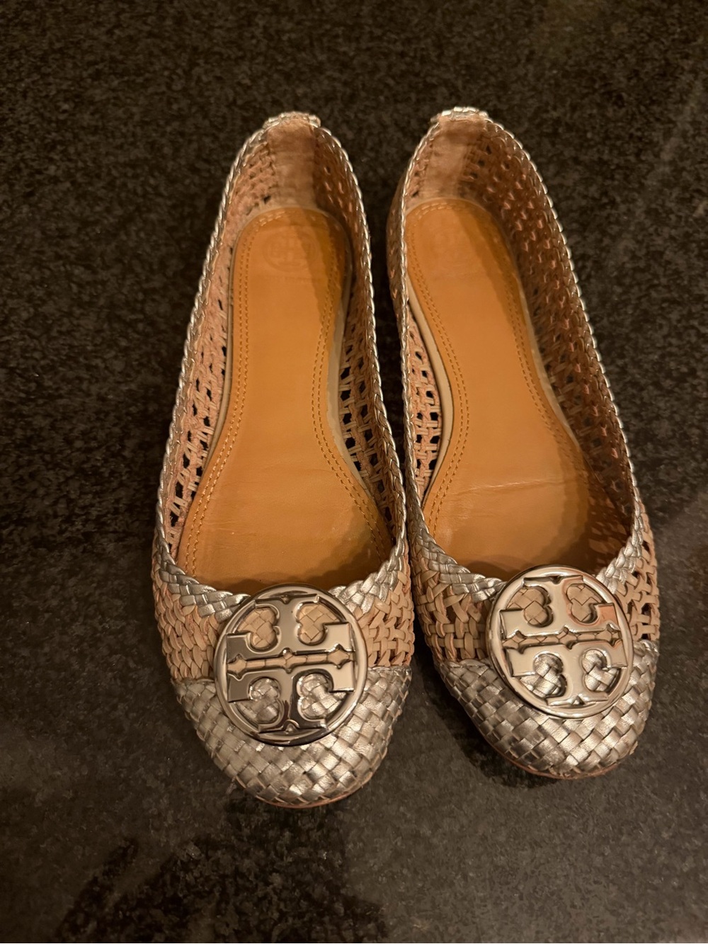 Tory Burch Metallic Woven Leather Logo Flats in Taupe/Silver